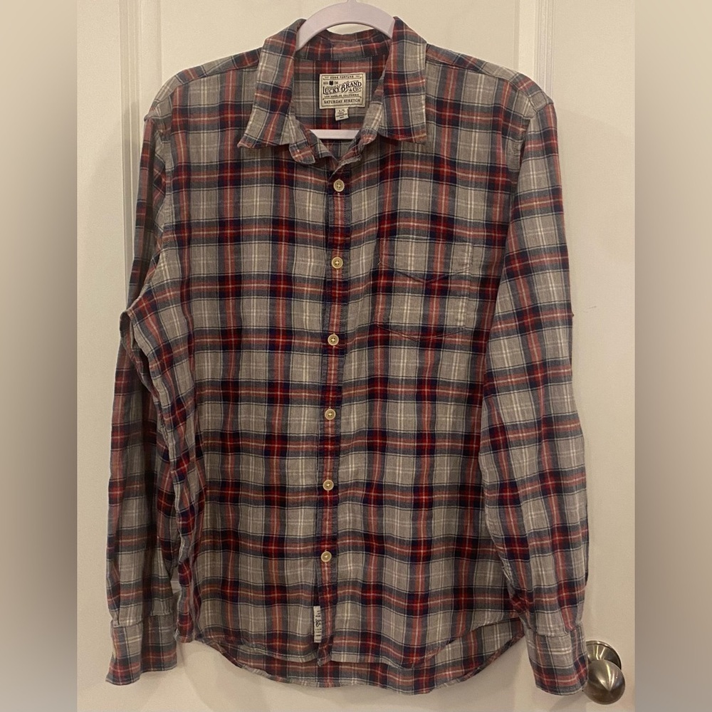 Lucky Brand Flannel Long Sleeve Button Up Sz L Gray Red Blue White Plaid